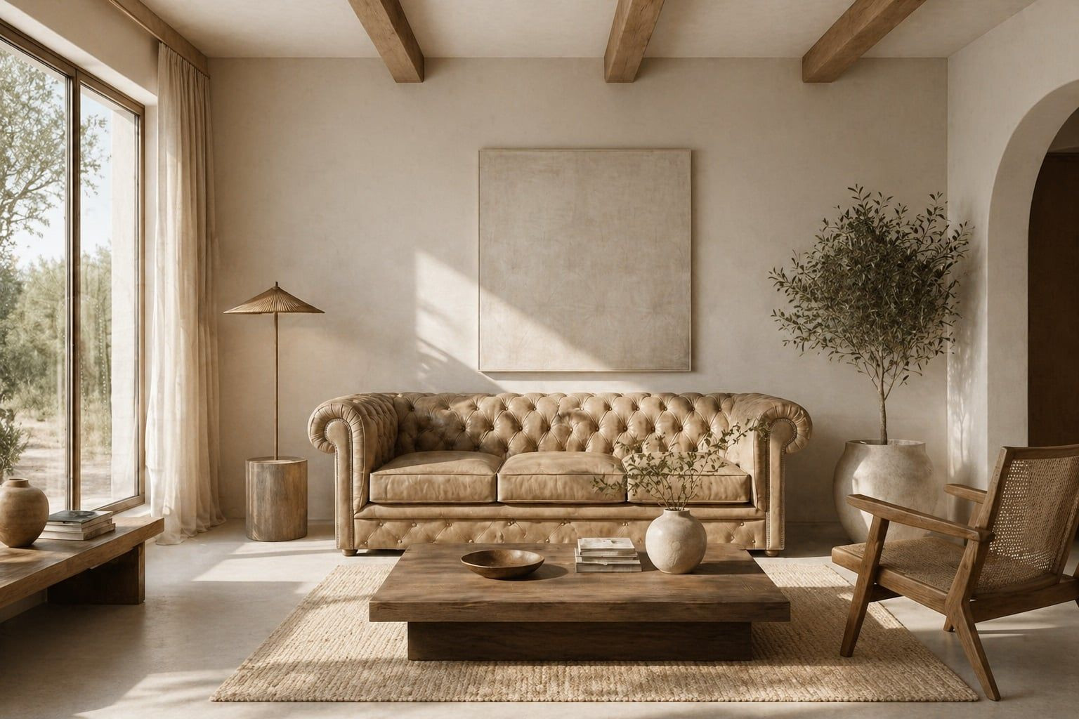 Leder-Chesterfield-Sofa in einer Einrichtung in Erdtönen und Taupe.